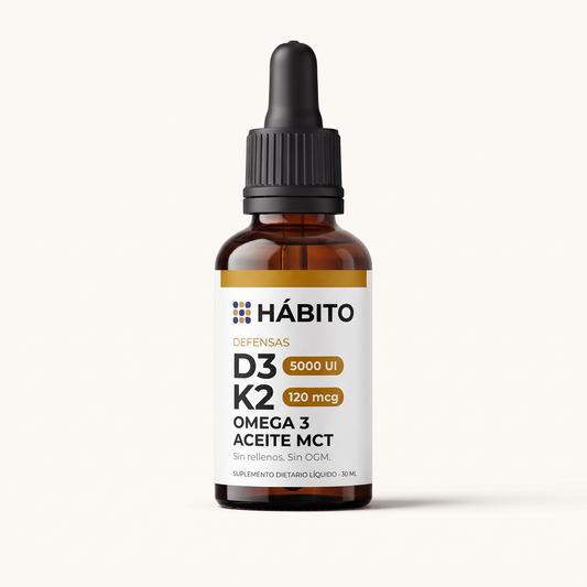 D3 + K2 de Hábito, gotero ámbar de 30 ml, vitamina D3 5000 UI y K2 120 mcg