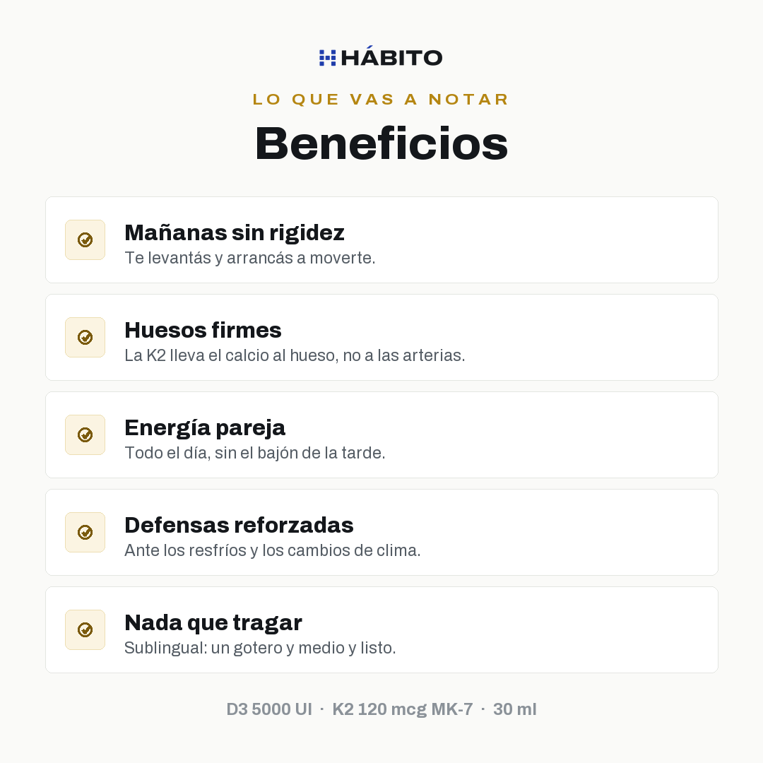 Beneficios: mañanas sin rigidez, huesos firmes, energía pareja, defensas y nada que tragar